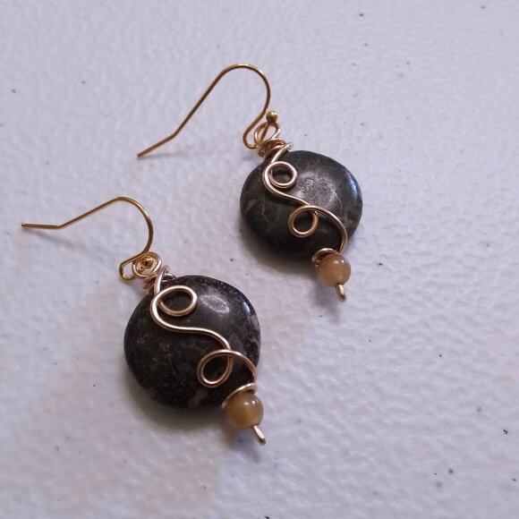 Plum Jasper & Agate! Short Wire Wrapped Coin Earrings | Classy Business Casual - Picture 3 of 8